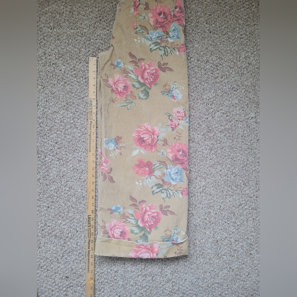 Anthropologie High-Rise Wide Leg Floral Jeans — Tan with Pink & Blue Flowers - Picture 6 of 10